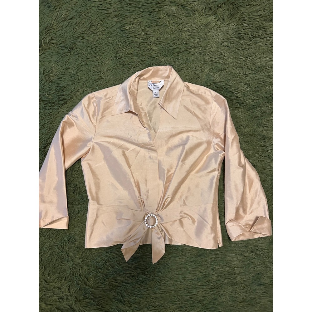 Talbots Petites Pure Silk Blouse Champagne Gold Rhinestone Buckle Top Womens 6P